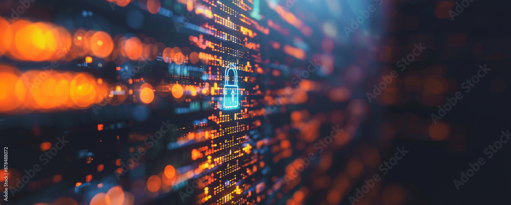Poster digital security lock icon glowing on code background