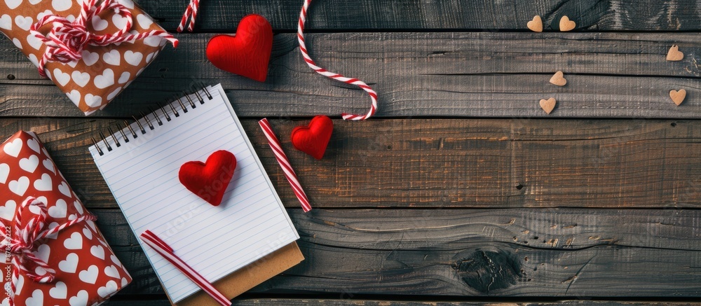 Poster flat lay with a notepad and heart-patterned wrapping paper on a wooden desk, featuring a copy space 