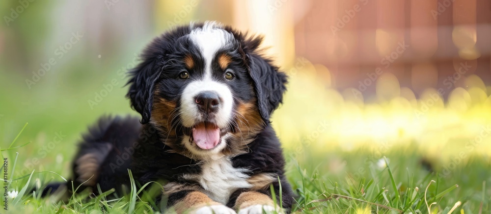 Poster bernese mountain dog puppy portrayed in a natural setting with ample copy space image available.