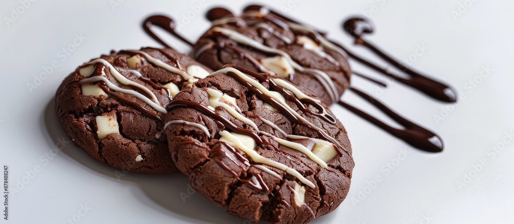 Poster Chocolate cookies featuring white chocolate chunks drizzled with milk chocolate sauce, against a plain background with space for additional content.