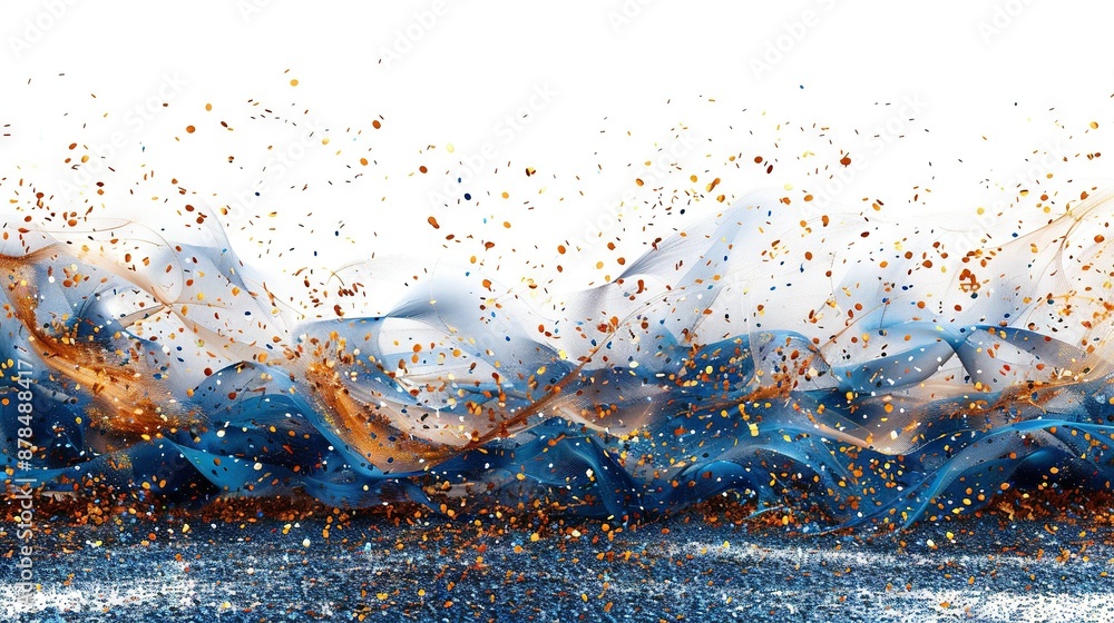 Poster a white and blue background with confetti falling from above and covering the lower part of the imag