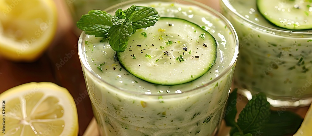 Aufkleber Chilled cucumber soup garnished with lemon, featuring a refreshing taste. image with copy space