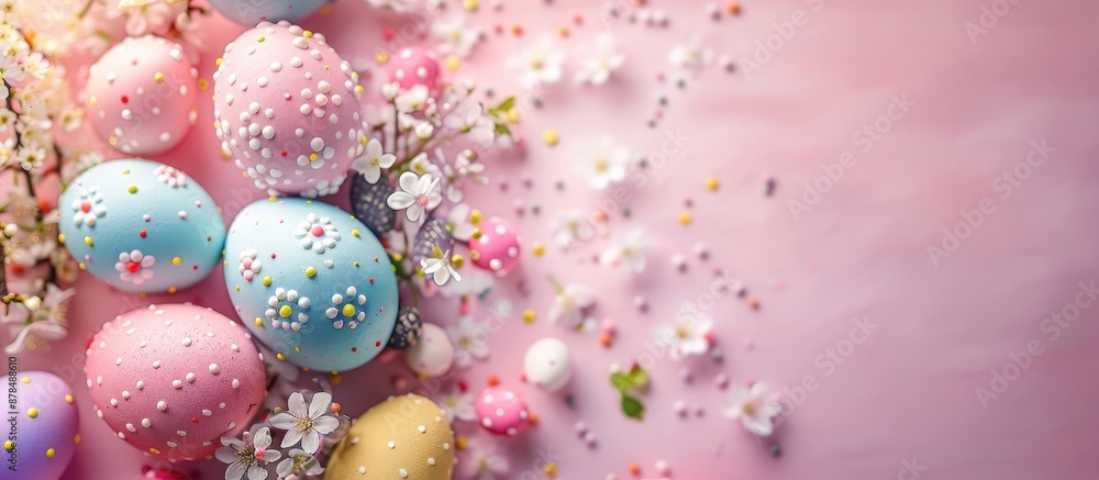 Poster colorful easter eggs on an easter-themed backdrop with copy space image.