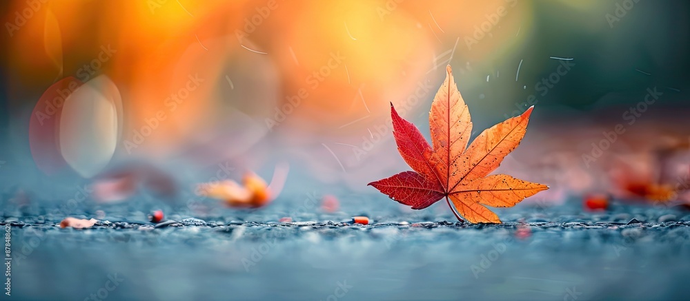 Poster An autumn-themed image featuring a maple leaf gracefully falling onto a pavement with a beautifully colored background, ideal for use as a copy space image.