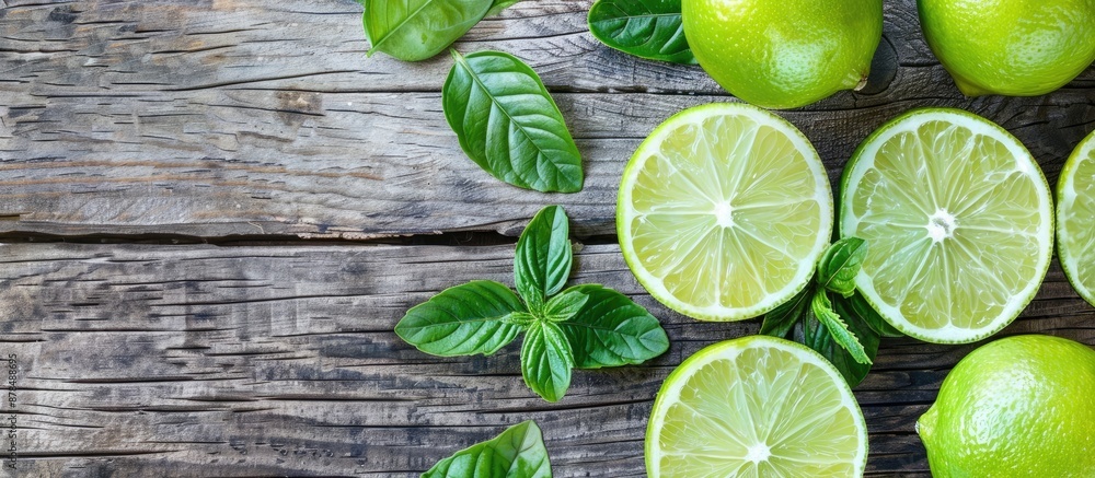 Poster Detox diet with lime slices and lime juice on wooden table for copy space image.