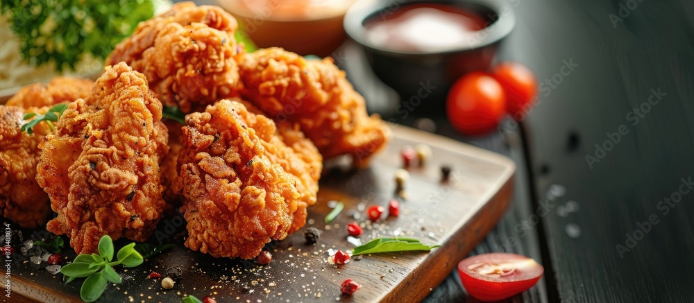 Poster chicken with a crispy coating and a savory sauce displayed in a photo with room for text or other el
