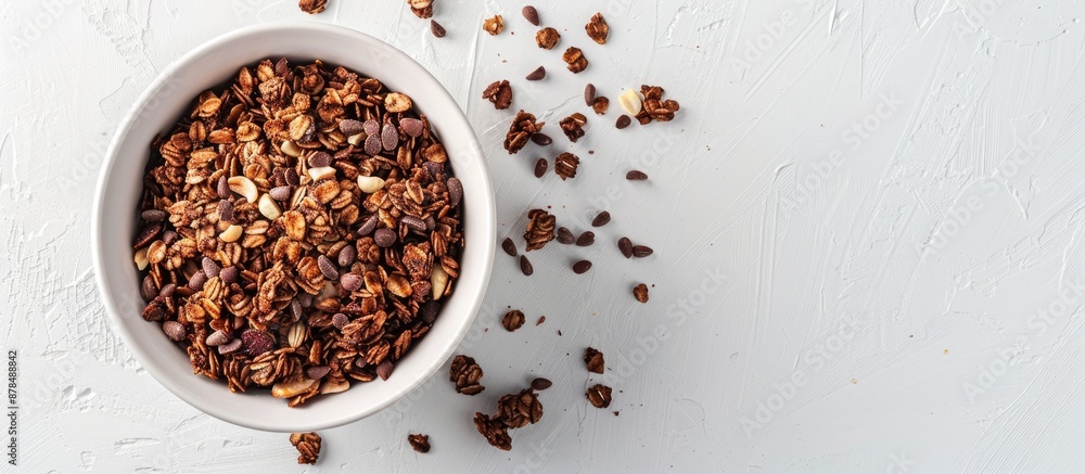 Poster bowl with chocolate granola cereal and nuts, set against a white backdrop with copy space image.
