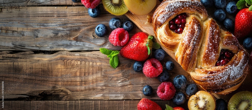Poster delicious homemade fruit bun on a wooden surface with selective focus for a copy space image.