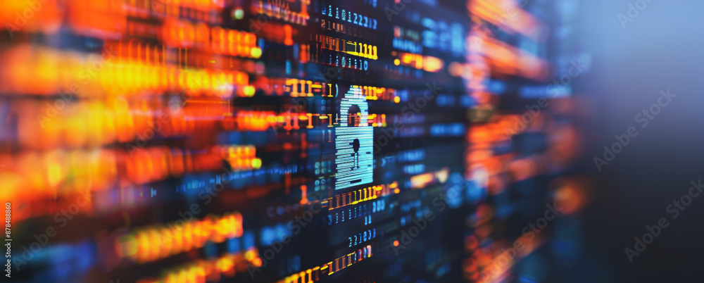 Poster computer screen displaying digital lock icon on lines of code