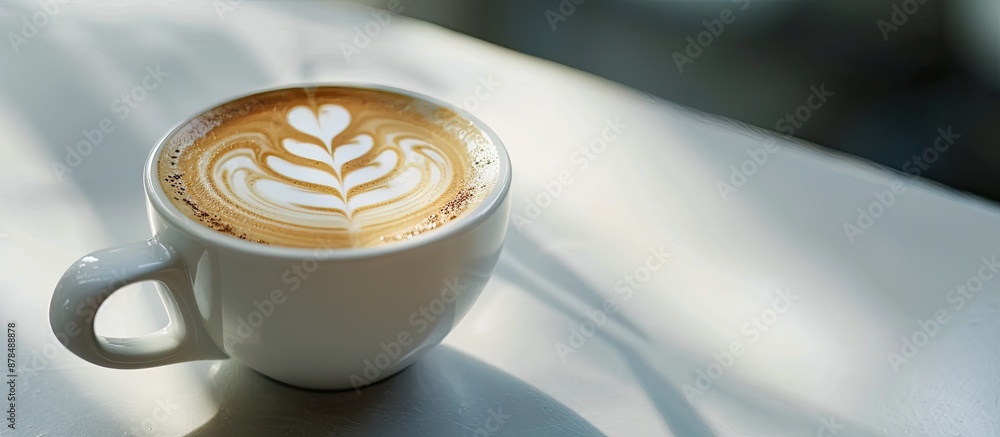 Poster beautiful latte art on a coffee cup with copy space image.