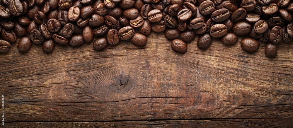 Poster Coffee beans roasted and displayed on a wooden surface with room for additional images are available in the copy space image.
