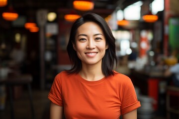 Portrait of a cheerful asian woman in her 30s wearing a sporty polo shirt on bustling restaurant background