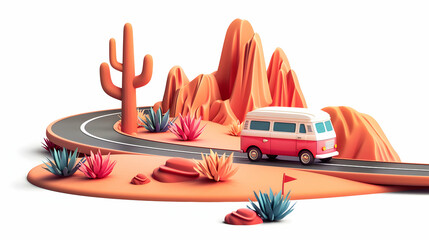 3D Flat Icon of Individual with Van on Desert Highway  Road Trip Playlist Overlay   Desert Road Trip Adventure Concept with Copy Space on White Background