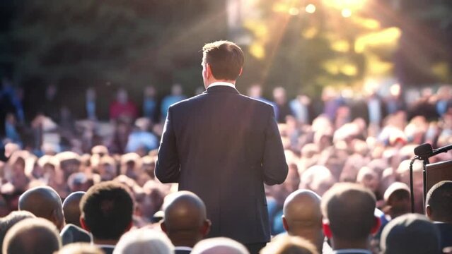 Empowering Leadership: Man in Suit Inspires Large Audience with Speech