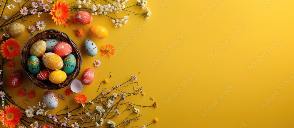 Poster easter themed design with yellow background, basket of eggs, spring flowers, and a space to add text