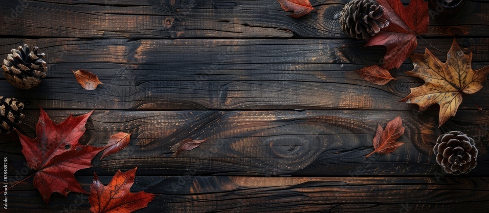 Poster fall-themed decor on the rustic wooden backdrop featuring copy space image.