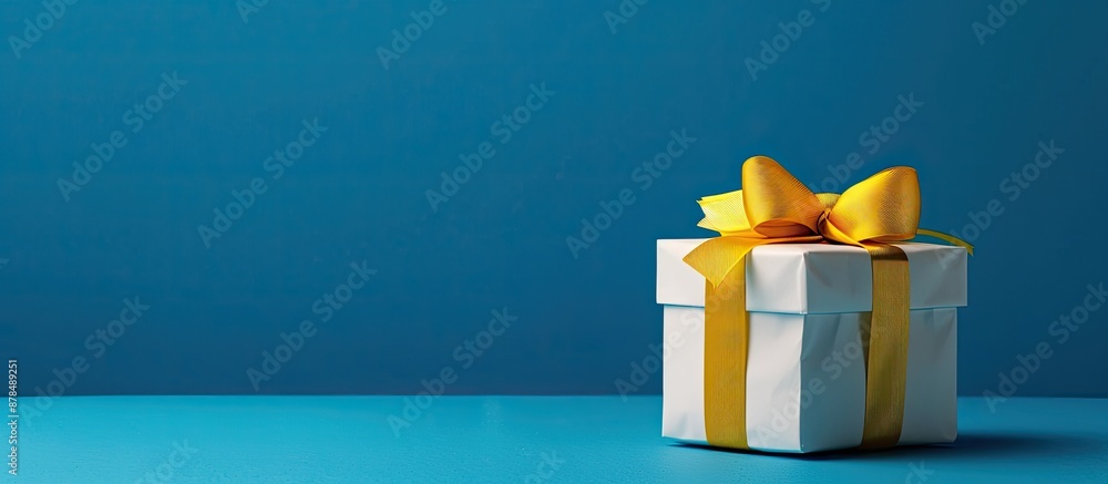 Poster christmas banner mockup featuring a white gift box with a yellow ribbon bow, set against a blue back