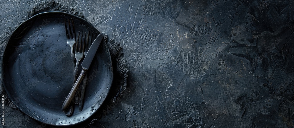 Aufkleber dark textured concrete background showcases an empty ceramic round plate with cutlery, an inviting c
