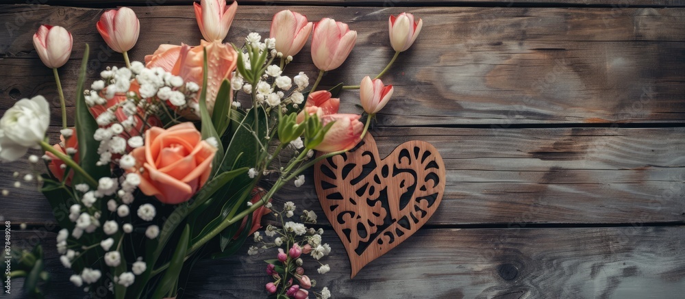 Poster background for mother's day featuring wooden text and a bouquet of flowers. admirable copy space ima