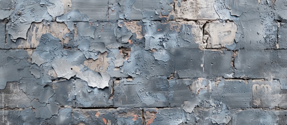 Poster close-up of an industrial brick wall with a cracked texture of smooth plastered stone in grey tones,