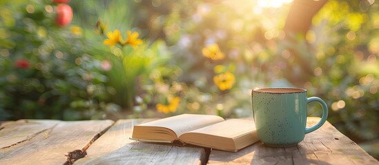 Fototapeta premium Book and coffee cup on a wooden table in a sunny garden at home during the pandemic, with a blurred background offering copy space, focus on the foreground, and shallow depth of field.