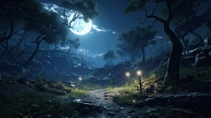 Mysterious moonlit path in a dark forest.