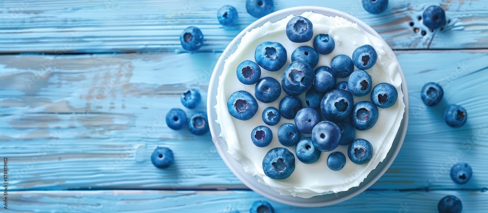 Aufkleber Blueberry cake displayed on a light blue wooden surface in a flat lay style, providing an open area for text in the image. image with copy space