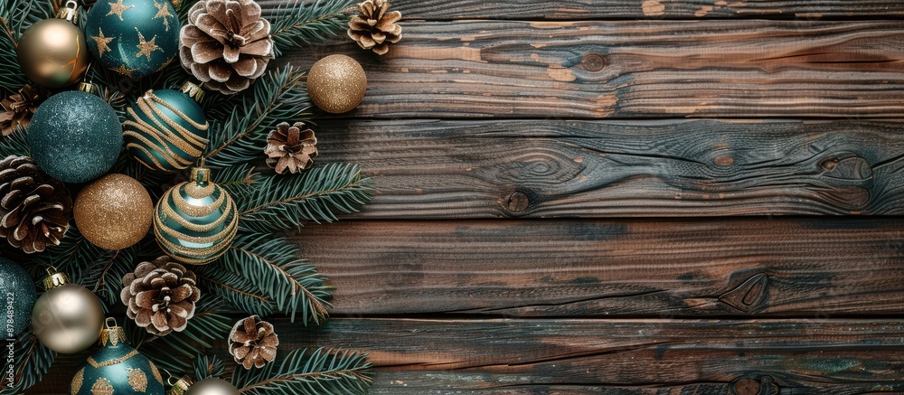 Aufkleber festive christmas-themed items like ornaments and an evergreen branch displayed on a wooden backdrop