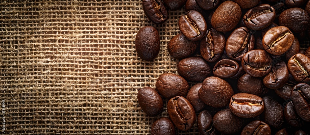 Poster Coffee beans arranged in a rustic pile with various shades and textures, creating an inviting scene with a copy space image.