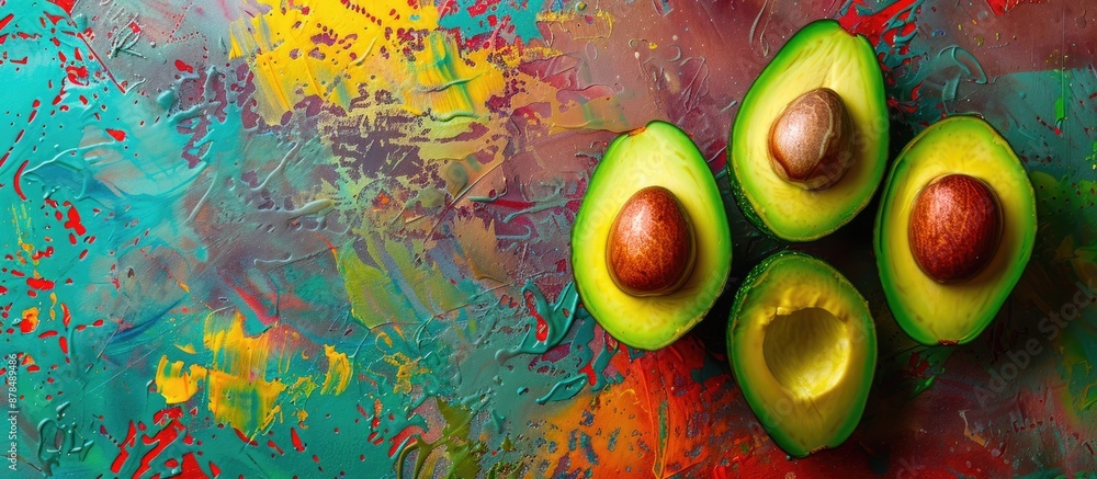Poster avocado displayed on a vibrant decorative backdrop, with room for a copy space image.
