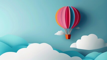 Obraz premium A colourful paper hot air balloon with a wicker basket, against a blue sky background with clouds.
