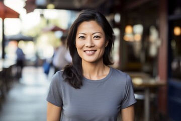 Portrait of a cheerful asian woman in her 30s wearing a sporty polo shirt over bustling restaurant background