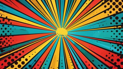 Fototapeta premium Vibrant comic book background with colorful radial stripes bursting towards center, featuring halftone dots