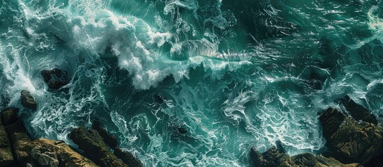 Aerial view shows waves crashing onto rocks creating a marine-themed copy space image with a textured sea surface in shades of sea-green and aquamarine.