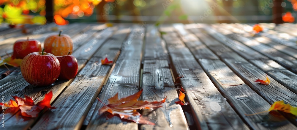 Aufkleber Deck table set in an autumn theme with a vacant surface for copy space image.