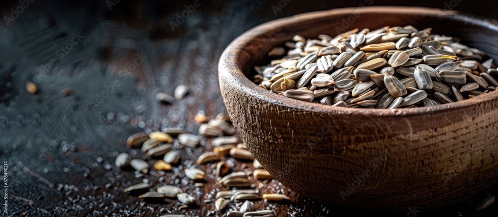 Aufkleber close-up copy space image of sunflower seeds in a bowl against a dark backdrop.