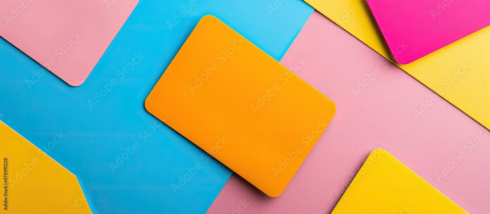 Aufkleber Flat lay mockup of business cards on a colorful background with an empty area for text, designed for customization and adding information. image with copy space