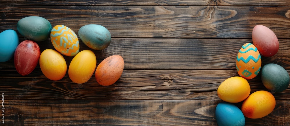 Aufkleber Easter eggs arranged in a flat-lay style on a wooden table with copy space image.