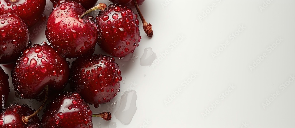Poster close-up of succulent cherries with water droplets on a plate against a white backdrop, with selecti