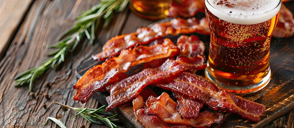 Aufkleber Beer and delicious fried bacon garnished with rosemary, with an area for adding text or images. image with copy space