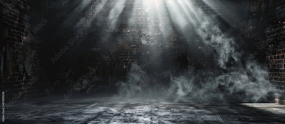 Poster an image of an empty, dimly lit room with black brick walls, illuminated by rays of light, smoke, an