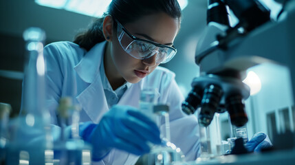 Dedicated Female Scientist Conducting Research Using Microscope in a Laboratory Setting