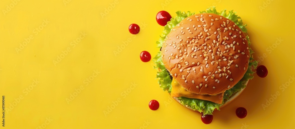 Poster copy space image of a tasty burger with condiments on a vibrant yellow backdrop, representing fast f