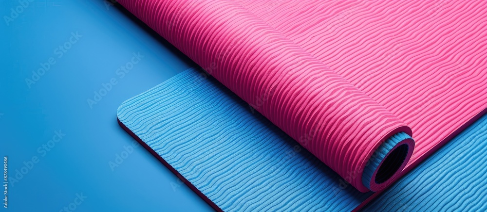 Poster copy space image featuring blue and pink textured fitness mats for text placement.