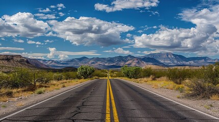 Naklejka premium A long, straight road leading towards a mountain range under a blue sky with puffy clouds.