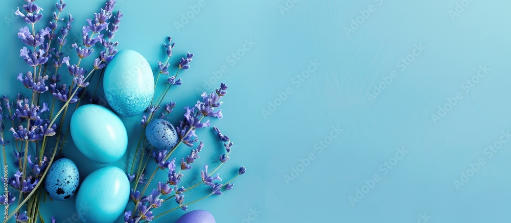 Poster bright blue easter eggs and lavender blooms set against a vivid blue backdrop with space for text or