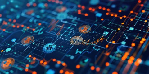 Digital currency icons and graphs on a financial technology interface.