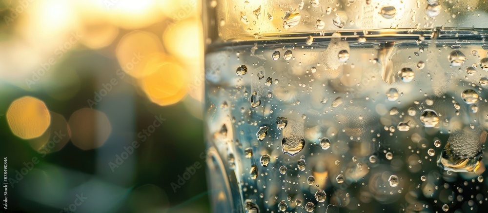 Aufkleber close-up view of a glass with water drops, featuring copy space image.