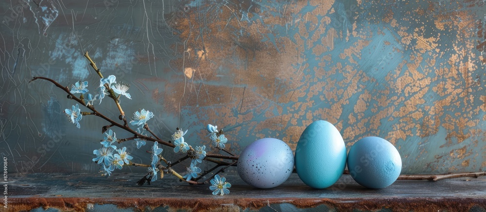 Aufkleber easter-themed rustic setting with dyed blue eggs on vintage metal backdrop ideal for copy space imag