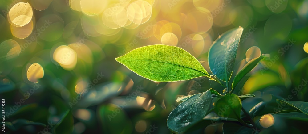 Poster Blurry background featuring a green leaf in nature close-up, with sunlight highlighting beautiful bokeh in a garden setting, ideal for text overlay with copy space image.